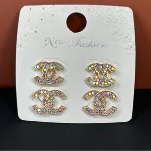 Sparkling Gold & Iridescent Rhinestone Post Earrings